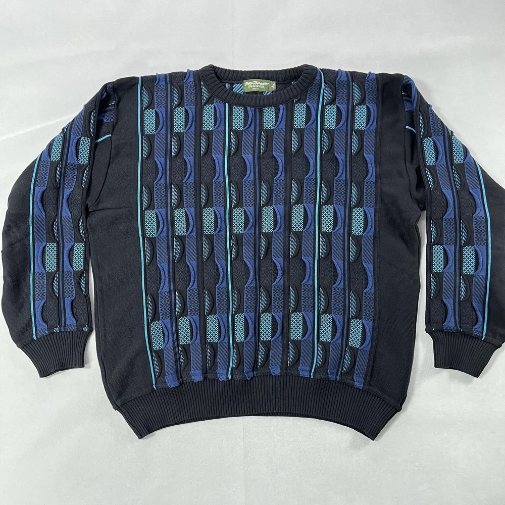 Vintage‎ 3D Knit Sweater Men Large Blue Geometric Norm Thompson Canada